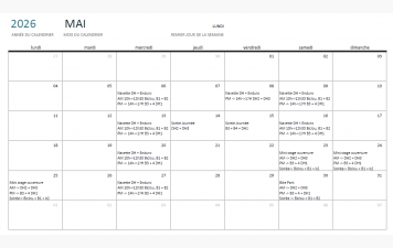 Calendrier prévisionnel cours Mai 2026