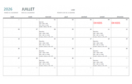 Calendrier prévisionnel cours Juillet 2026